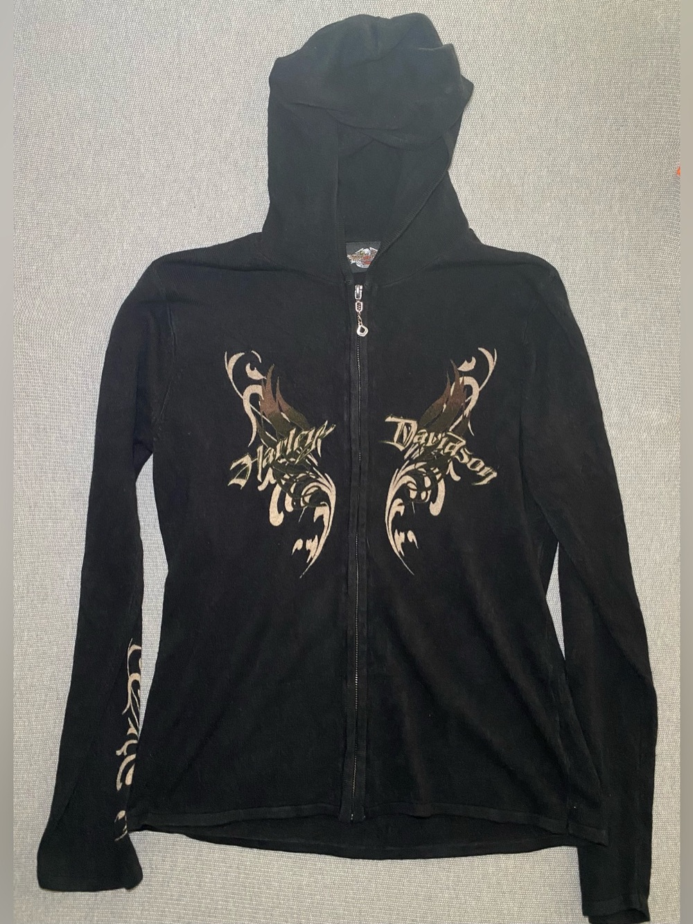 Womens L Y2K Harley Davidson Black Lightweight Hooded Zip Up Tribal Style